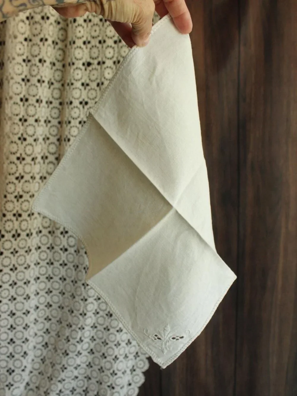Vintage 1940s Cocktail or Tea Napkin, Ivory Linen with Madeira Fleur de Lis Embr